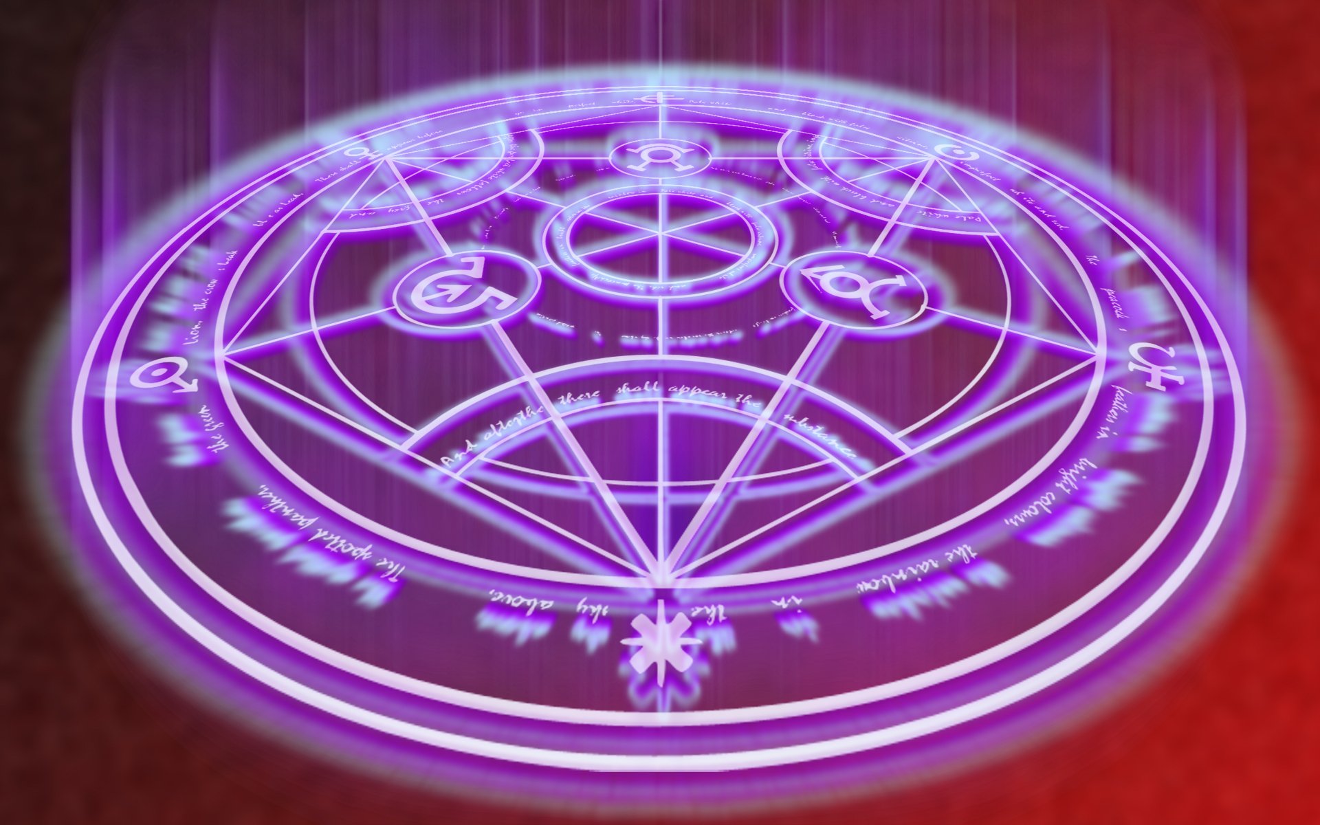 HD anime desktop wallpaper featuring a glowing purple alchemy circle from Fullmetal Alchemist, set against a dark red background with vertical light streaks.