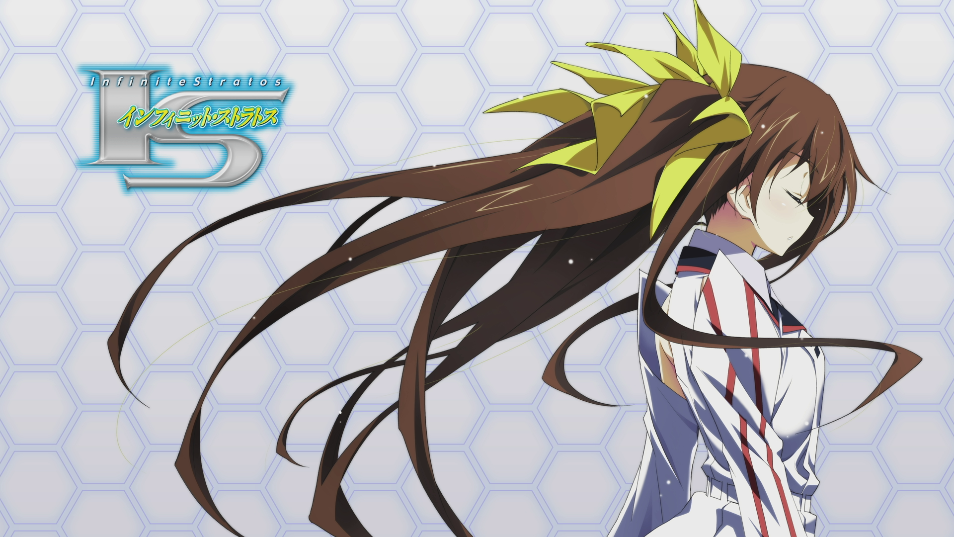 Anime Infinite Stratos HD PC desktop wallpaper: brown-haired IS pilot with yellow ribbon, eyes closed, long flowing hair drifting across a pale hexagonal-patterned background.