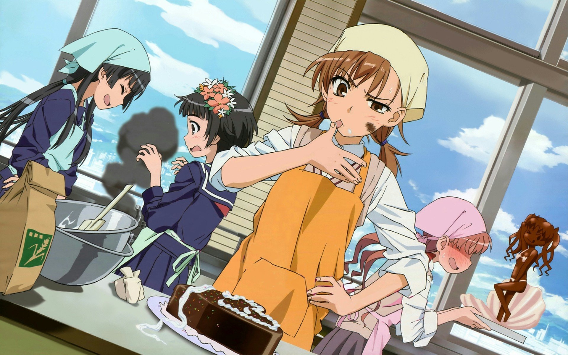 Anime HD PC desktop wallpaper from A Certain Scientific Railgun: characters baking in a sunlit kitchen, whisking, frosting a cake and pouring chocolate in a playful domestic scene.