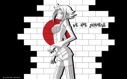 HD anime wallpaper featuring Kallen Kōzuki from Code Geass standing confidently against a stylized white brick wall with a red sun and the phrase We Are Japanese.