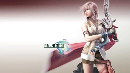HD PC desktop wallpaper featuring Lightning from the video game Final Fantasy XIII, holding a weapon with a blurred, light-colored background.
