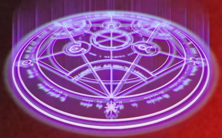 HD anime desktop wallpaper featuring a glowing purple alchemy circle from Fullmetal Alchemist, set against a dark red background with vertical light streaks.