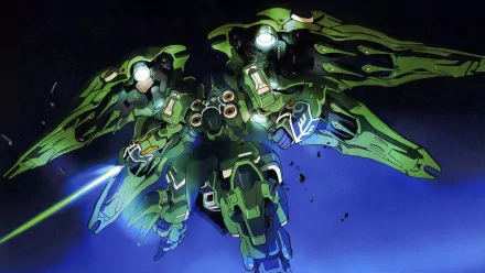 HD desktop wallpaper featuring the NZ-666 Kshatriya mobile suit from Gundam Unicorn in dynamic space battle, showcasing vibrant green armor and glowing thrusters.