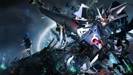 A vibrant HD wallpaper featuring dynamic Gundam mechs set against a cosmic backdrop, showcasing intricate details and futuristic design elements typical of anime.