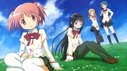 A vibrant HD wallpaper featuring characters from *Puella Magi Madoka Magica*: Madoka Kaname, Homura Akemi, Sayaka Miki, Mami Tomoe, and Kyuubey against a bright sky.