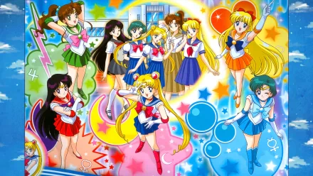 HD PC desktop wallpaper featuring the Sailor Moon anime characters in vibrant colors with magical and celestial elements surrounding them.