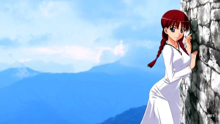 Chloe (Spice & Wolf) anime character in a white dress with braided hair, leaning on a stone wall against a blue mountain vista — HD PC desktop wallpaper background.