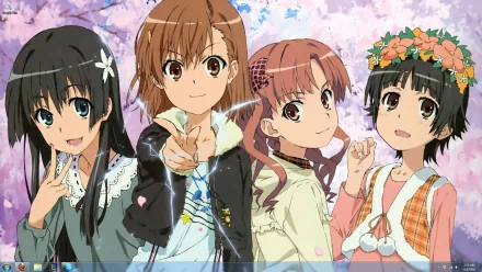 HD anime desktop wallpaper featuring four characters from A Certain Scientific Railgun against a backdrop of cherry blossoms.