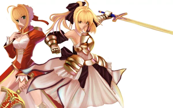 HD anime desktop wallpaper featuring Nero Claudius, Saber Lily, and Red Saber from Fate/Grand Order in dynamic poses with detailed armor and vibrant colors.