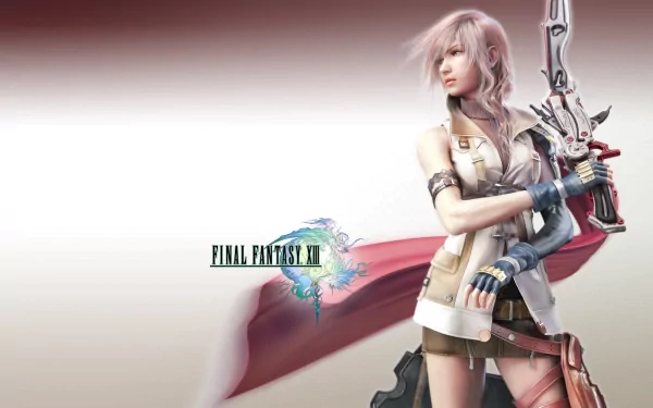 HD PC desktop wallpaper featuring Lightning from the video game Final Fantasy XIII, holding a weapon with a blurred, light-colored background.