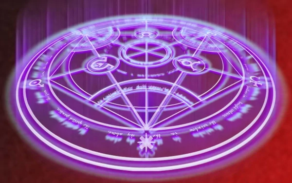 HD anime desktop wallpaper featuring a glowing purple alchemy circle from Fullmetal Alchemist, set against a dark red background with vertical light streaks.