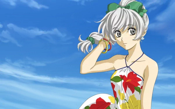 A vibrant HD wallpaper featuring a character from the anime Full Metal Panic!, styled in a floral dress against a bright blue sky, exuding a lively summer vibe.