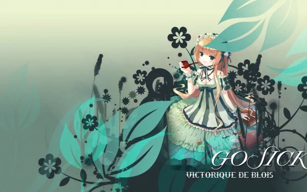 Anime-style Gosick character in a vintage dress surrounded by floral and abstract designs, featured as an HD PC desktop wallpaper and background.