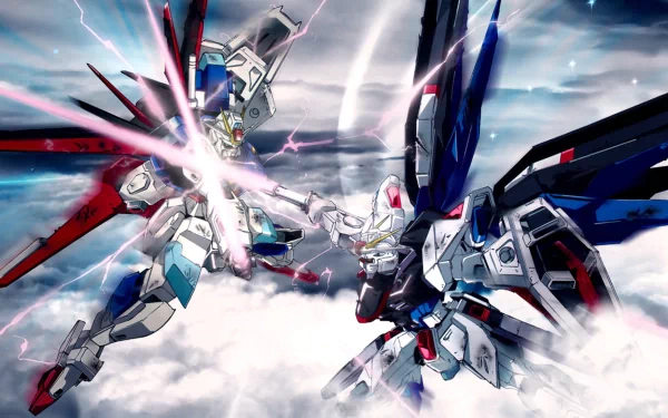 A dynamic HD wallpaper featuring Mobile Suit Gundam Seed and Mobile Suit Gundam 00 characters in an epic battle amidst dramatic clouds and striking energy beams.