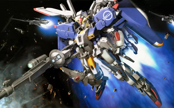 A detailed 4K Ultra HD anime-style Gundam mech in space, equipped with weapons and thrusters, set against a cosmic battle background for PC desktop wallpaper.