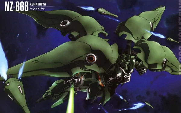 HD desktop wallpaper of NZ-666 Kshatriya mobile suit from Gundam Unicorn anime, showcasing its green armor and multiple glowing thrusters in a space battle scene.