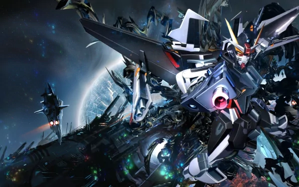 A vibrant HD wallpaper featuring dynamic Gundam mechs set against a cosmic backdrop, showcasing intricate details and futuristic design elements typical of anime.