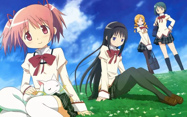 A vibrant HD wallpaper featuring characters from *Puella Magi Madoka Magica*: Madoka Kaname, Homura Akemi, Sayaka Miki, Mami Tomoe, and Kyuubey against a bright sky.