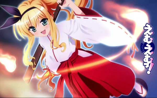 An energetic anime character in a vibrant outfit wields a weapon, surrounded by dynamic effects. A colorful HD PC desktop wallpaper showcasing enchanting anime art.