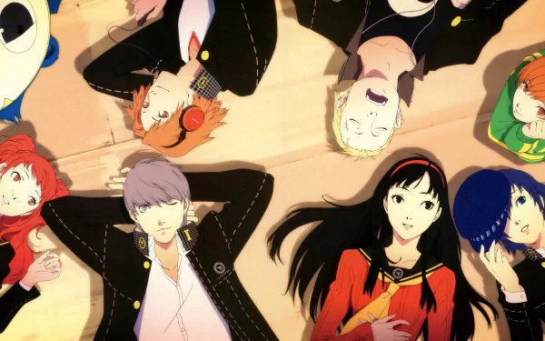 HD PC desktop wallpaper featuring key characters from the video game Persona 4, shown lying down in a relaxed arrangement with vibrant colors and detailed anime-style art.