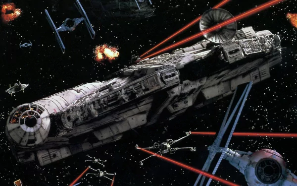 A dynamic HD wallpaper of the Millennium Falcon from Star Wars Episode VI: Return of the Jedi, featuring an intense space battle with TIE fighters and laser blasts.