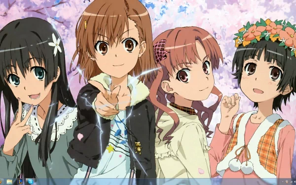 HD anime desktop wallpaper featuring four characters from A Certain Scientific Railgun against a backdrop of cherry blossoms.