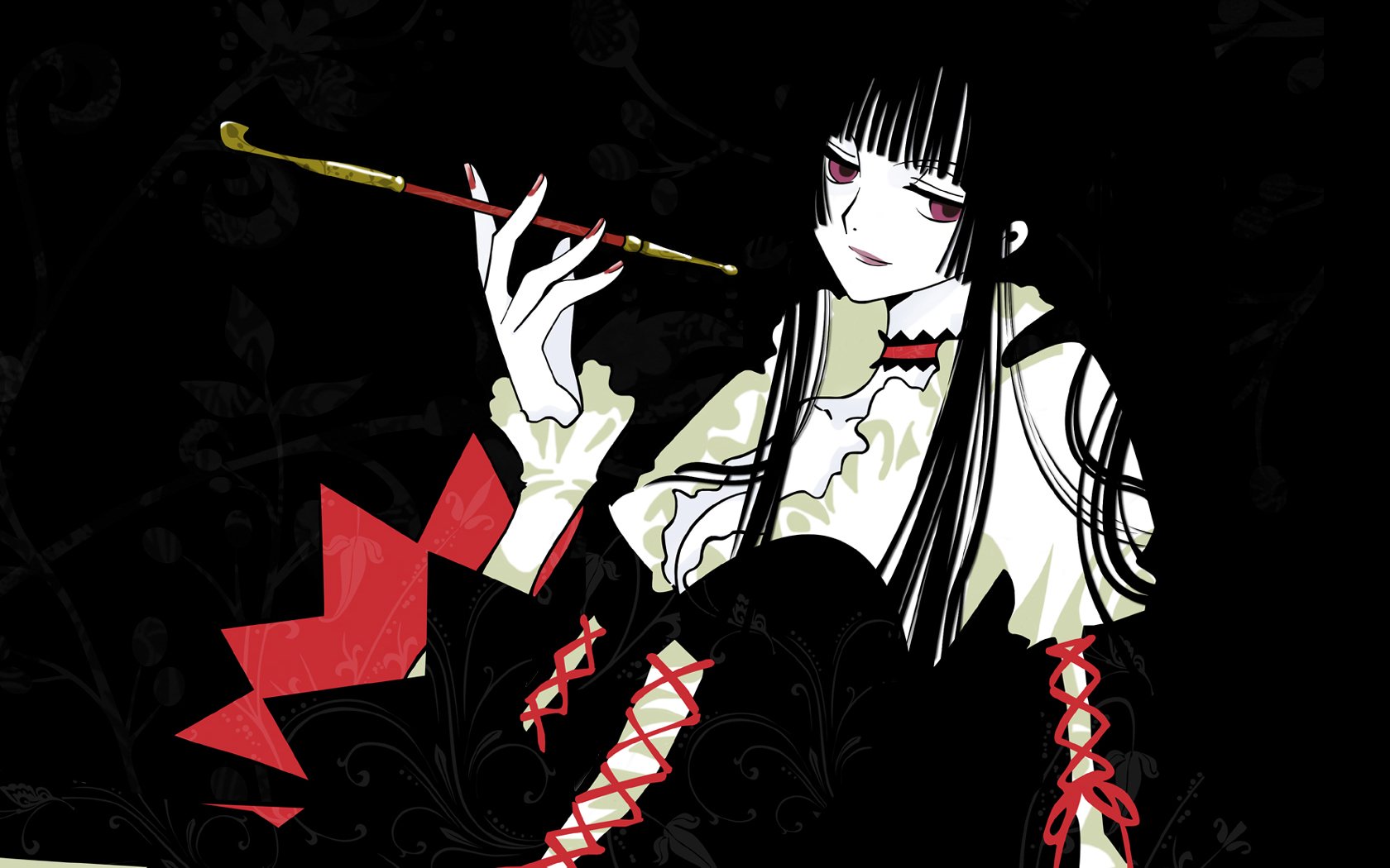 HD anime desktop wallpaper featuring a character from xxxHOLiC with long black hair, pale skin, and a dark gothic outfit holding a long smoking pipe.