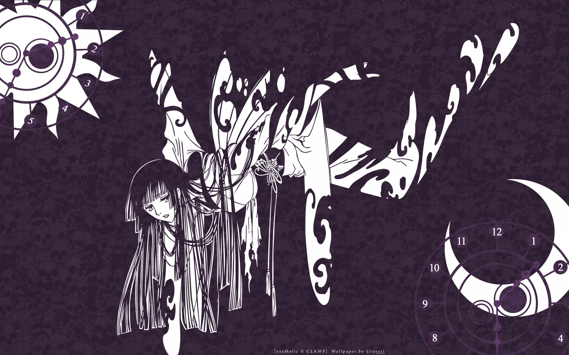 Anime xxxHOLiC 2K Quad HD PC desktop wallpaper: stylized purple monochrome scene with an ornate, dangling female figure and crescent moon clock motif.
