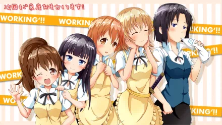 Anime-style HD desktop wallpaper featuring five female characters from Working!! in yellow and blue uniforms, set against a striped background with the series title.