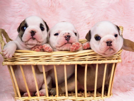 HD desktop wallpaper featuring three adorable bulldog puppies in a wicker basket against a soft pink background.