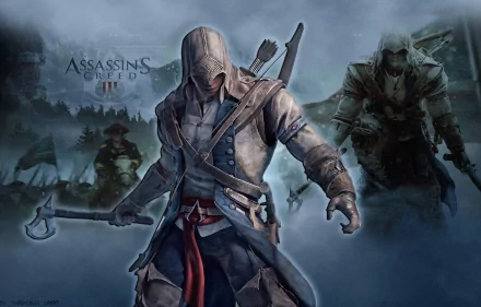 HD wallpaper featuring Connor from Assassin's Creed III, showcasing his iconic hooded outfit and weapons against a backdrop of the game's atmospheric scenes.