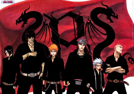 HD PC desktop wallpaper featuring Bleach anime characters Gin Ichimaru, Yasutora Sado, Uryu Ishida, Ikkaku Madarame, Tōshirō Hitsugaya, Renji Abarai, and Ichigo Kurosaki against a red background.