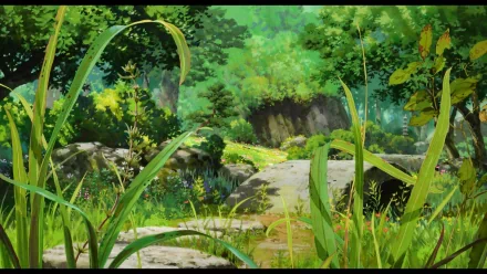 HD anime desktop wallpaper featuring a lush, detailed forest scene from The Secret World of Arrietty, showcasing vibrant greenery and natural beauty.