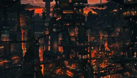 HD anime cityscape at dusk with glowing lights and intricate buildings, creating a detailed and atmospheric PC desktop wallpaper background.