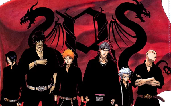 HD PC desktop wallpaper featuring Bleach anime characters Gin Ichimaru, Yasutora Sado, Uryu Ishida, Ikkaku Madarame, Tōshirō Hitsugaya, Renji Abarai, and Ichigo Kurosaki against a red background.