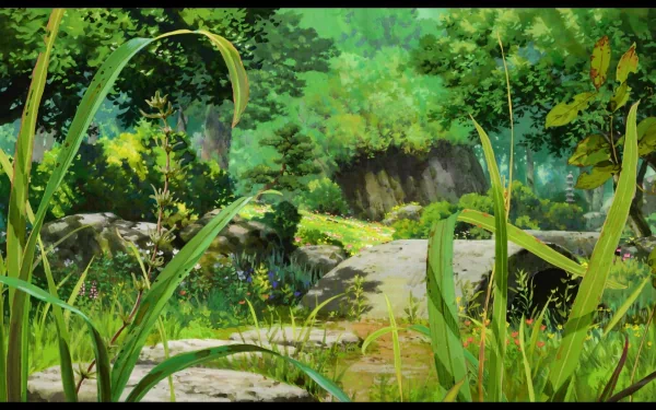 HD anime desktop wallpaper featuring a lush, detailed forest scene from The Secret World of Arrietty, showcasing vibrant greenery and natural beauty.