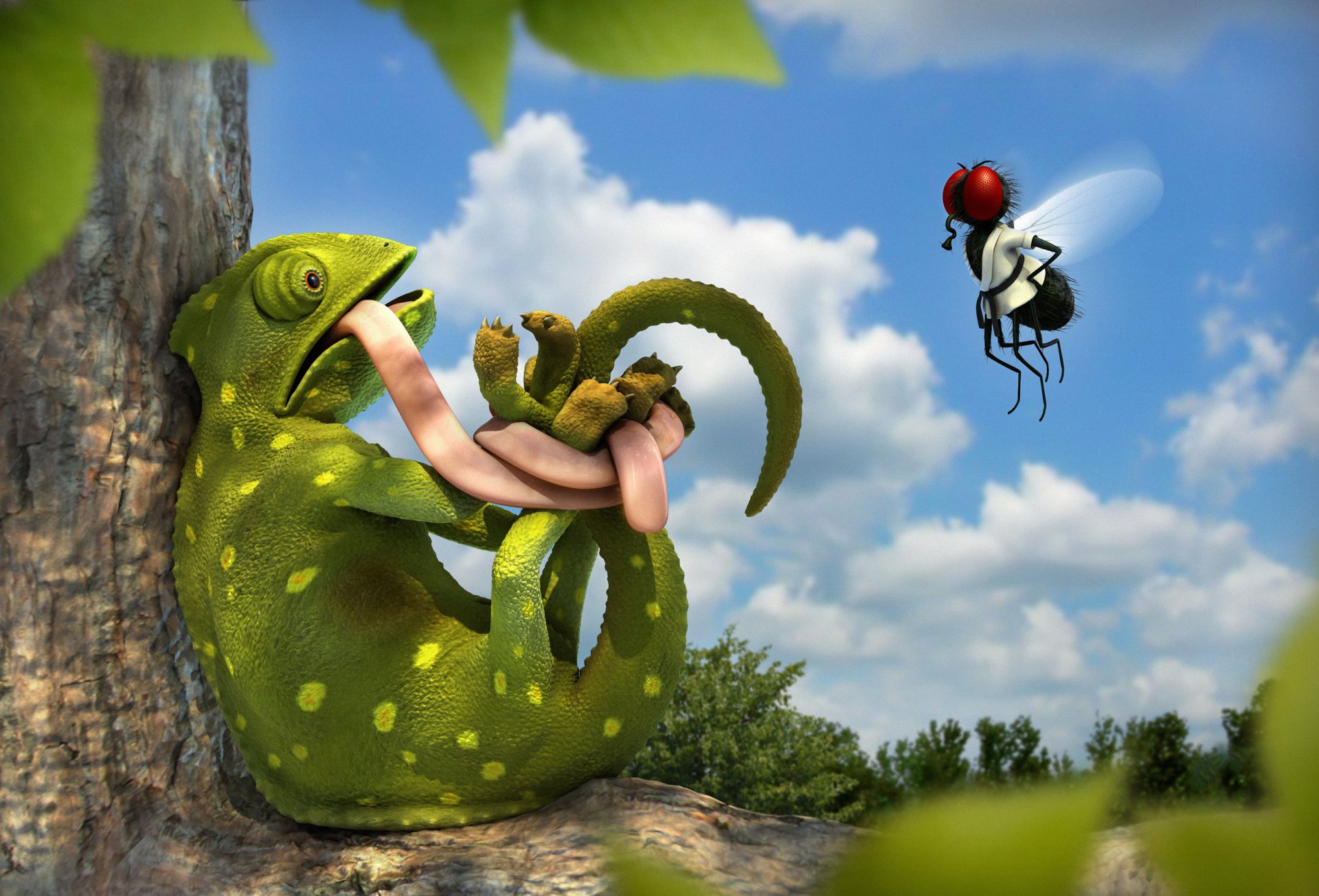 Artistic HD desktop wallpaper featuring a green iguana with an exaggerated long tongue reaching out toward a red-eyed insect against a blue sky backdrop.