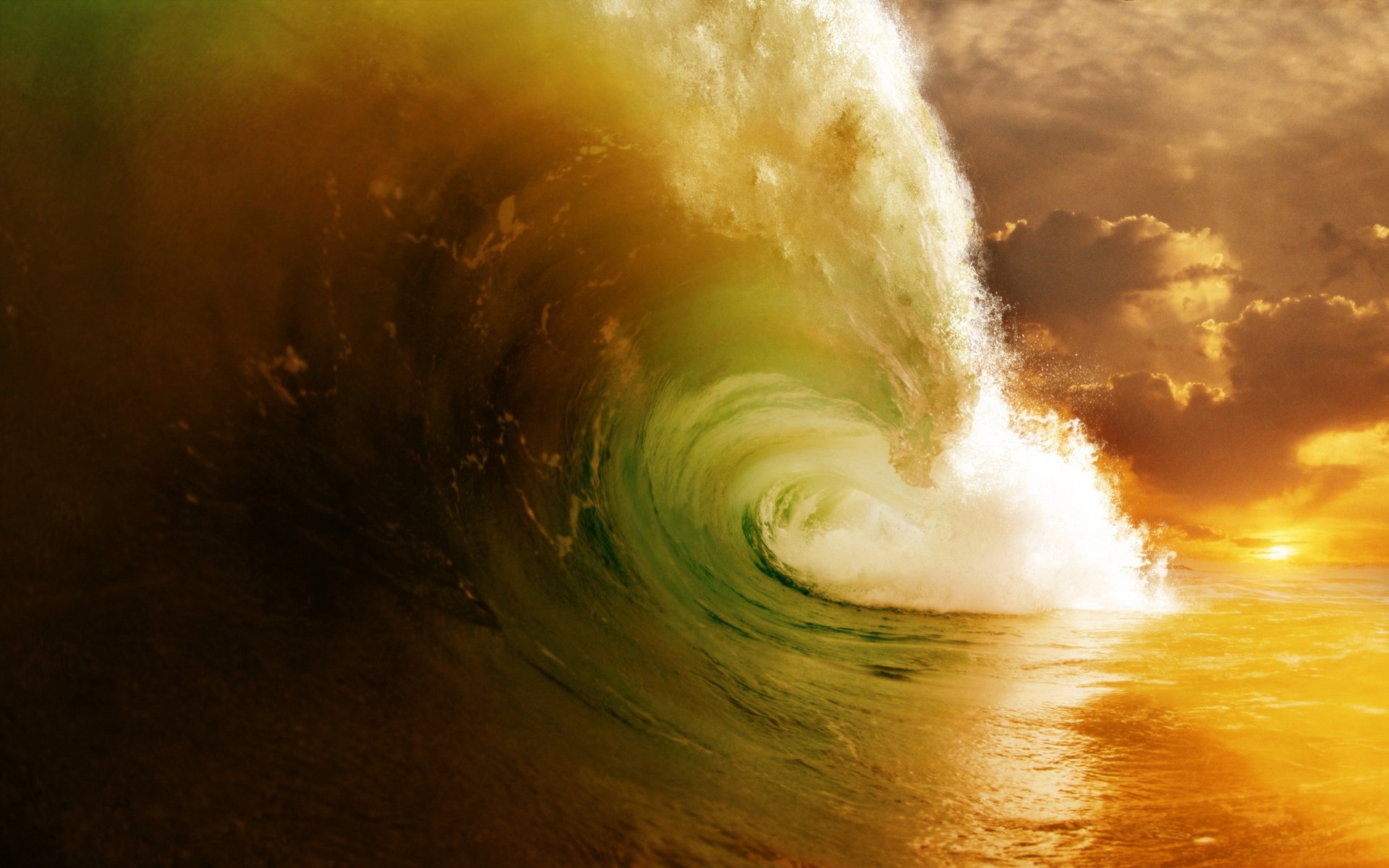 A dynamic wave crashing toward the viewer, illuminated by a warm sunset. This HD image captures the beauty of nature, making it a striking desktop wallpaper.