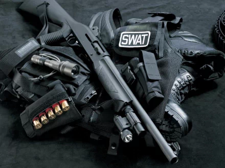 A close-up of a tactical shotgun alongside SWAT gear, including ammo, flashlight, and boots, set against a dark background, capturing the essence of man-made firearm equipment.
