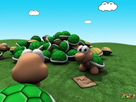 HD desktop wallpaper featuring Koopa Troopa characters from the video game Super Mario Bros., set in a grassy landscape with a pile of green shells in the background.
