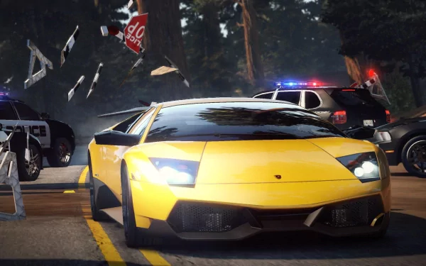 HD PC desktop wallpaper from the video game Need For Speed, featuring a fast yellow sports car evading police in an intense night chase.