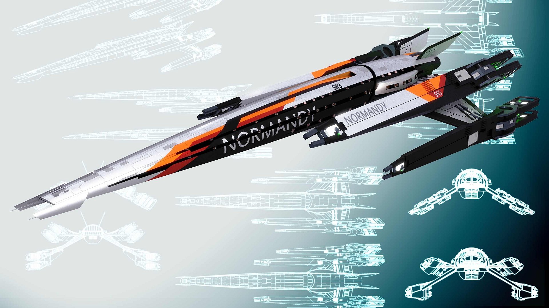 HD PC desktop wallpaper featuring the Normandy spaceship from the video game Mass Effect 3 against a futuristic blueprint background.