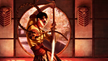 HD PC desktop wallpaper featuring a fierce woman warrior in fantasy style, poised with a katana against a glowing circular window backdrop.