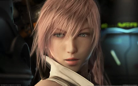 A striking HD wallpaper featuring Lightning from Final Fantasy XIII, showcasing her confident expression amidst a futuristic backdrop from the beloved video game series.