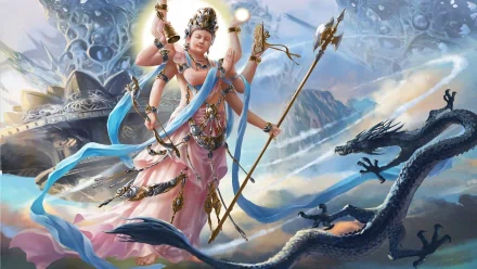 HD fantasy desktop wallpaper featuring the god Vishnu with multiple arms, wielding weapons, set against a dynamic, mystical sky and mountains background.