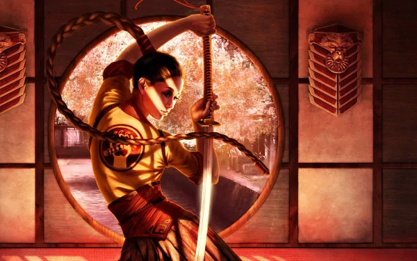 HD PC desktop wallpaper featuring a fierce woman warrior in fantasy style, poised with a katana against a glowing circular window backdrop.