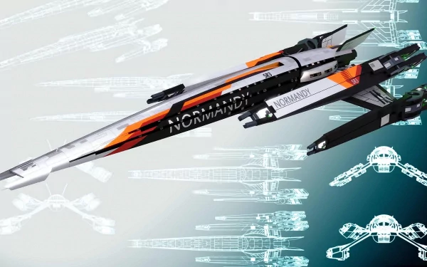 HD PC desktop wallpaper featuring the Normandy spaceship from the video game Mass Effect 3 against a futuristic blueprint background.