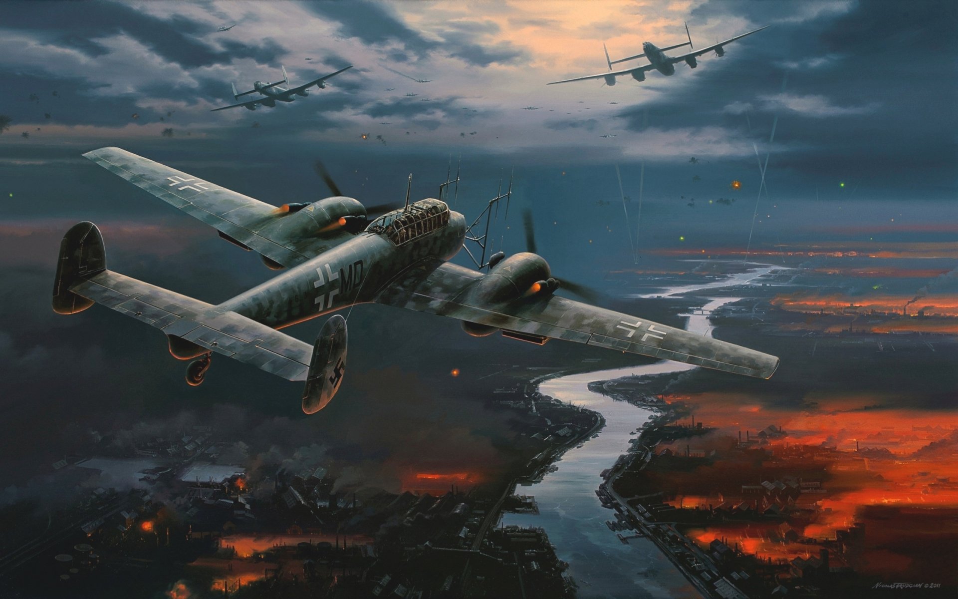 HD PC desktop wallpaper featuring a dramatic military scene with multiple Messerschmitt Bf 110 aircraft flying over a river and fiery landscape at dusk.