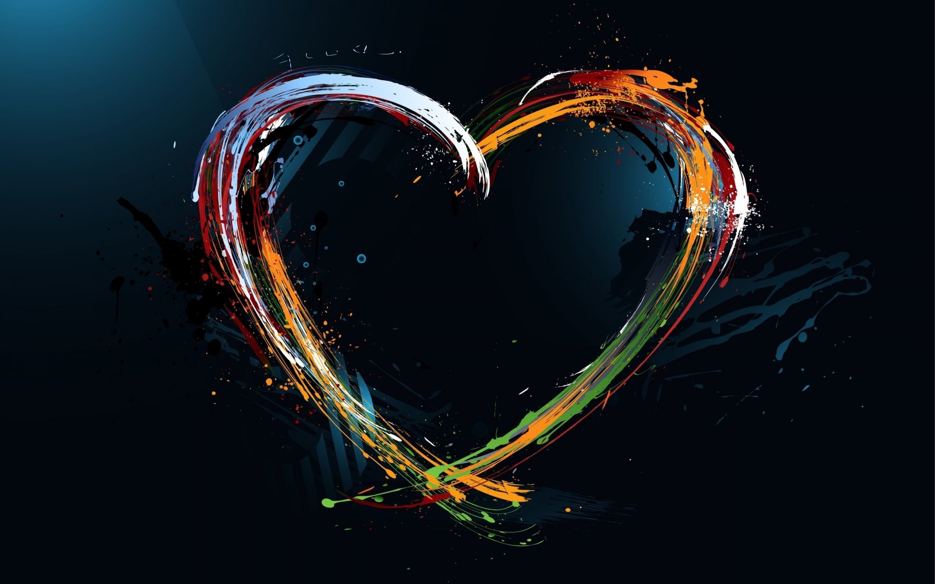 A vibrant, artistic representation of a heart, featuring splashes of color against a dark background, creating a captivating HD desktop wallpaper celebrating love.