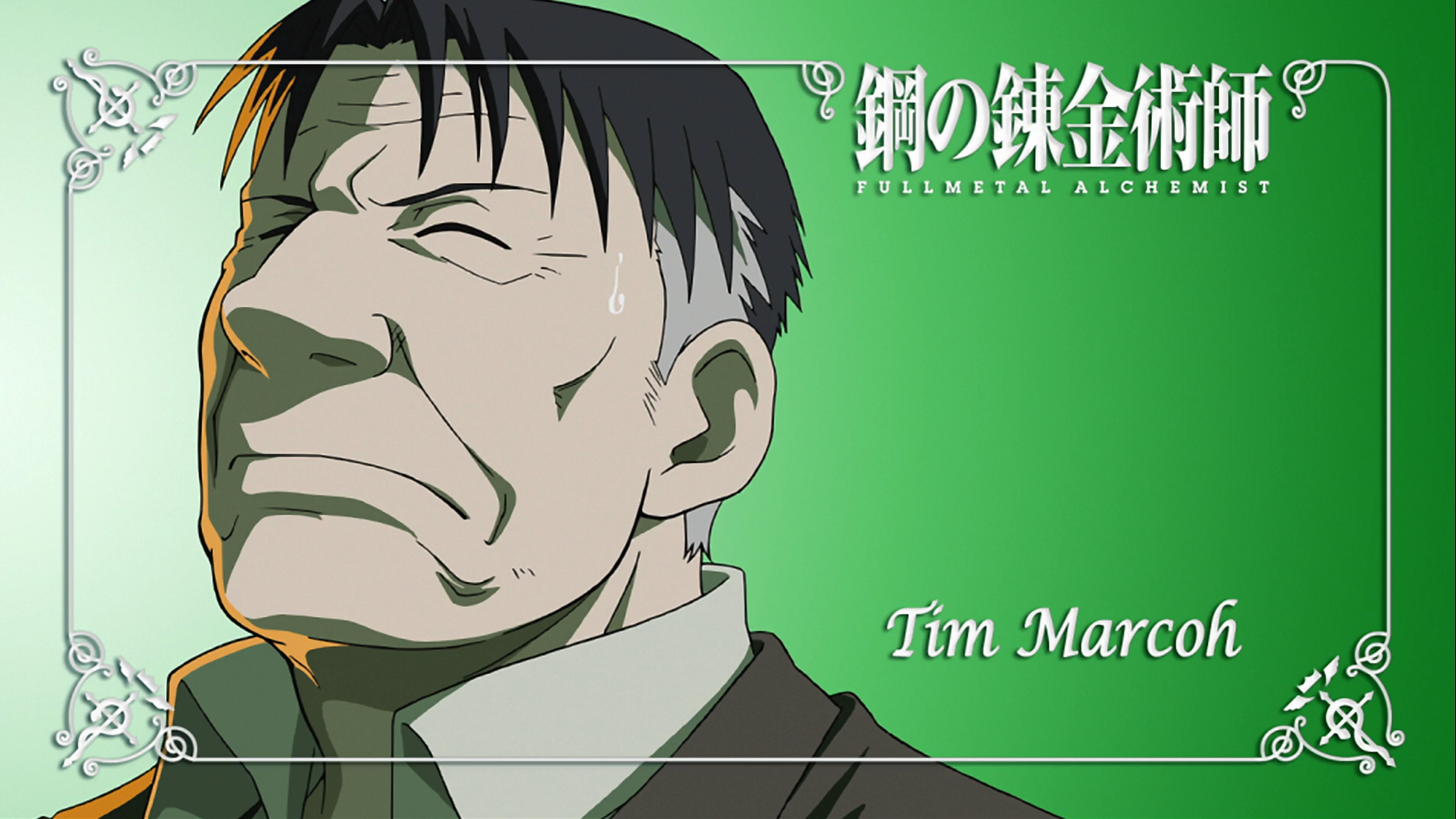 HD PC desktop wallpaper: anime portrait of Tim Marcoh from Fullmetal Alchemist — solemn close-up of the scientist against a green background with decorative corners and his name.